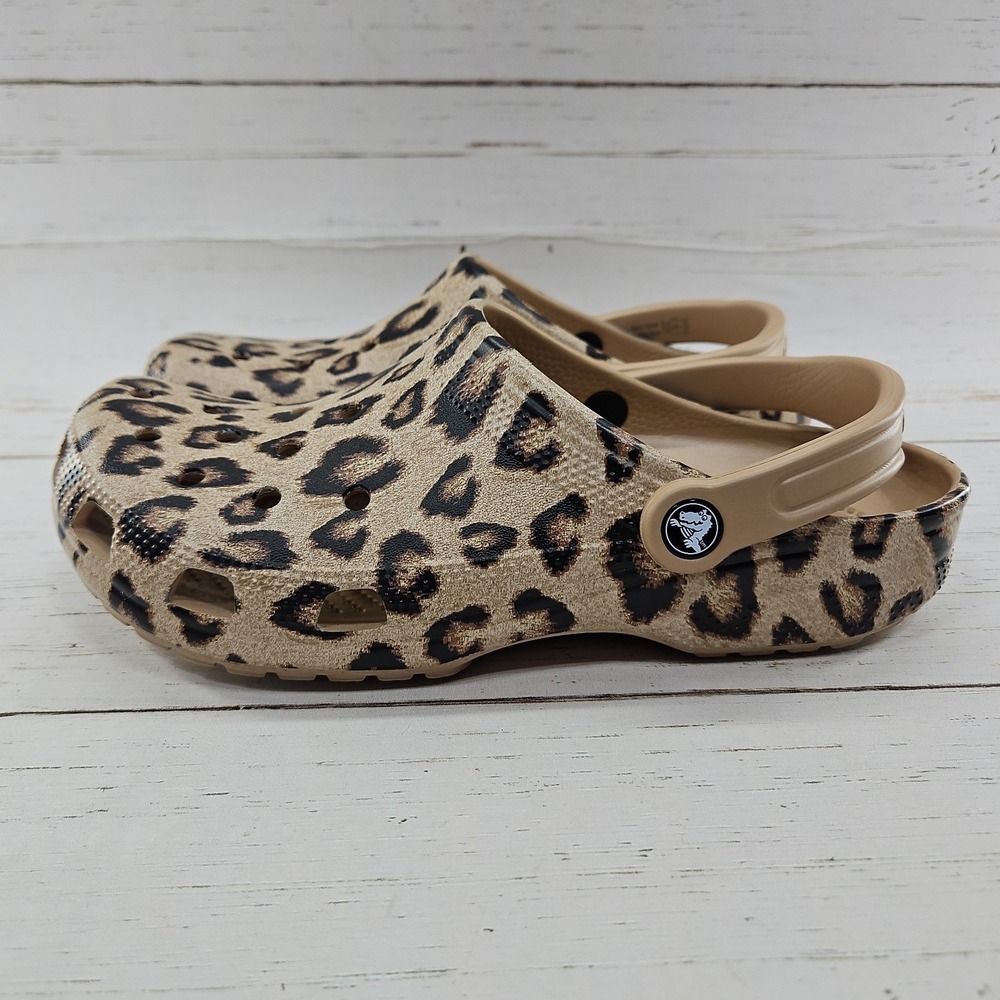Crocs Classic Clogs Leopard Cheetah Print Womens 10 Tan Black Sandal 205838 - Picture 2 of 11